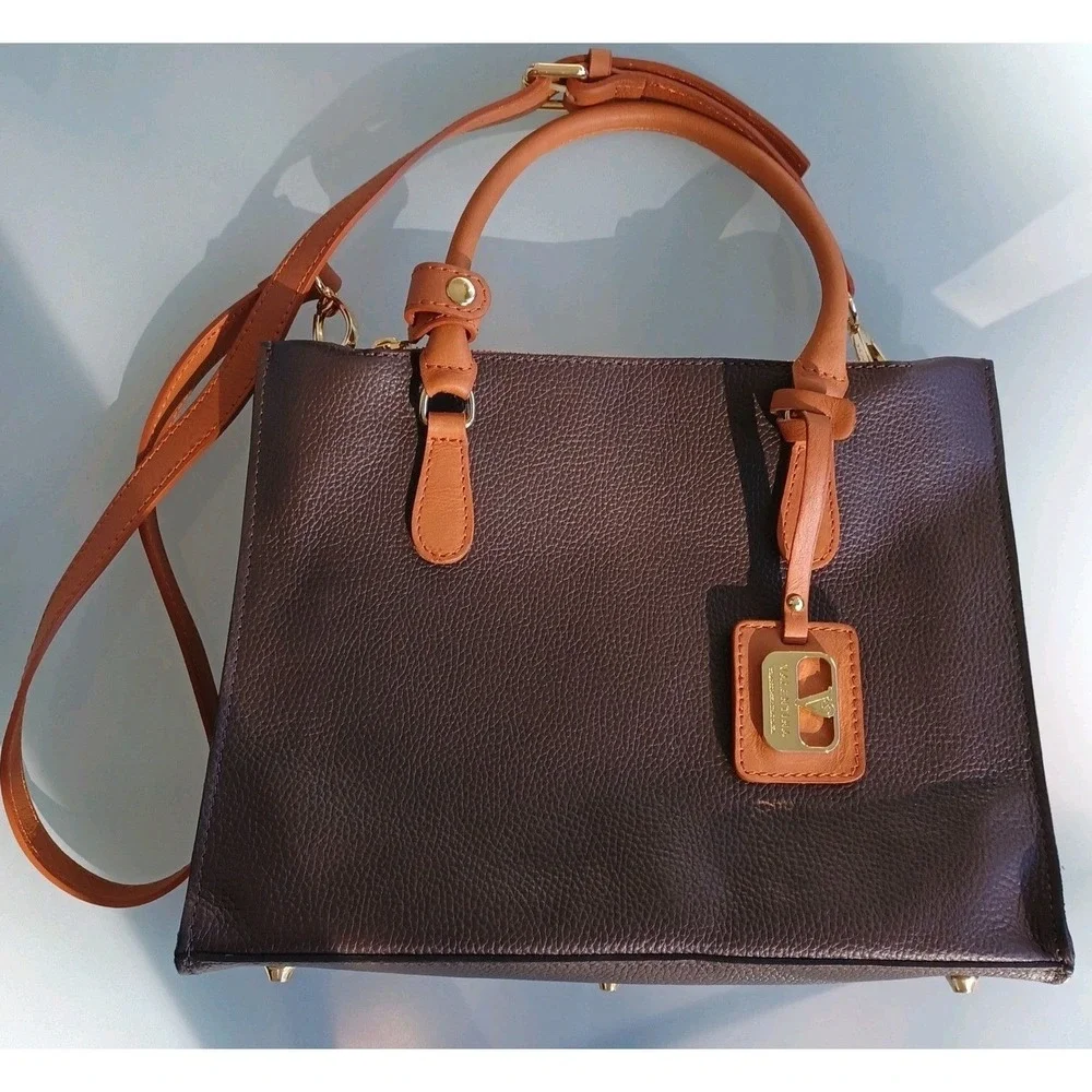 Valentina Dark Brown Pebbled Leather Satchel Crossbody‎ Bag Made in Italy